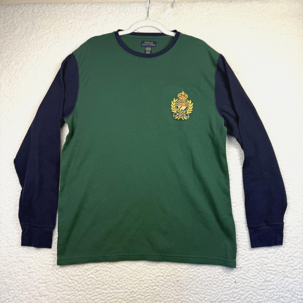 Polo Ralph Lauren Shirt Mens XL Green Navy Waffle Knit Thermal Sleepwear Crest